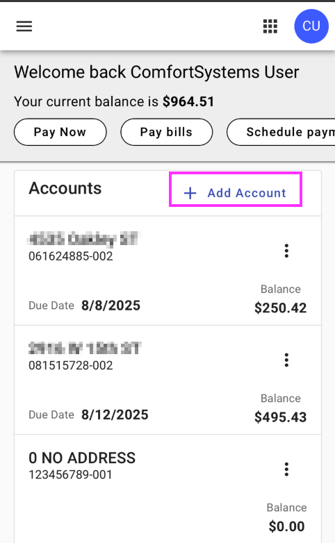 Add Account in the Utility Access portal to add additional utility accounts