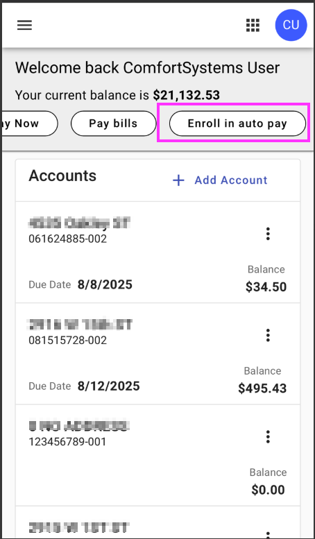 mobile view of the Utility Access portal with the option to enroll in autopay highlighted
